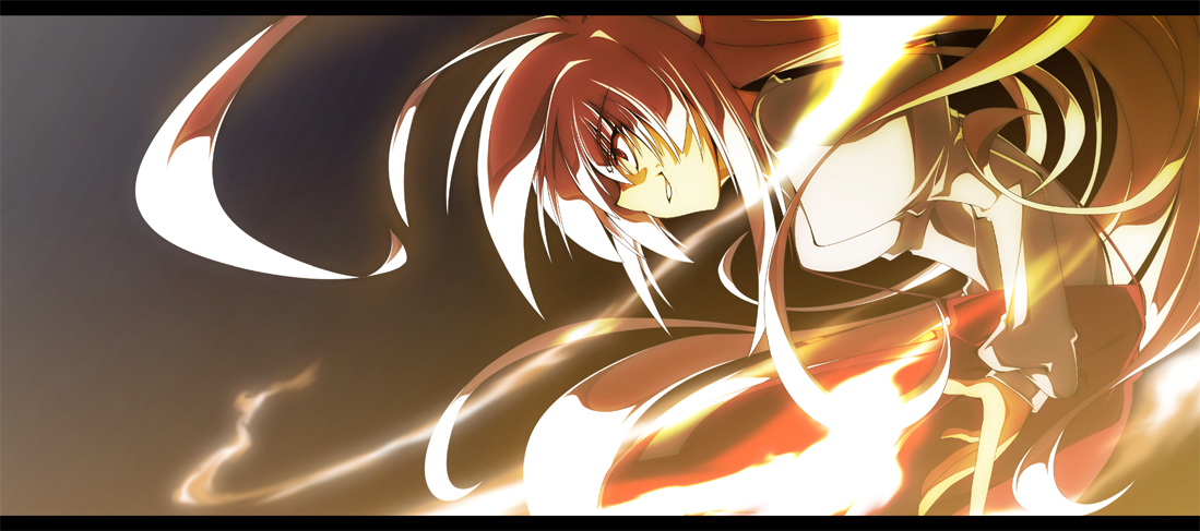 sakurame, fujiwara no mokou, touhou, 1girl, ahoge, cowboy shot, female focus, fire, from side, glowing, huge ahoge, juliet sleeves, letterboxed, long hair, long sleeves, pants, profile, puffy sleeves, red eyes, red pants, shaded face, sidelocks, smile, solo, suspenders, upper body, very long hair, white hair