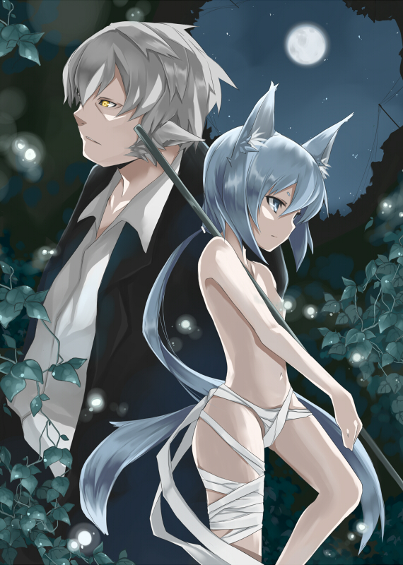 sasaki kouhei, original, 1boy, 1girl, animal ears, bandages, blue eyes, blue hair, censored, convenient censoring, flat chest, full moon, long hair, moon, navel, night, night sky, ponytail, sky, tail, topless female, very long hair, wolf, wolf ears, wolf tail, yellow eyes