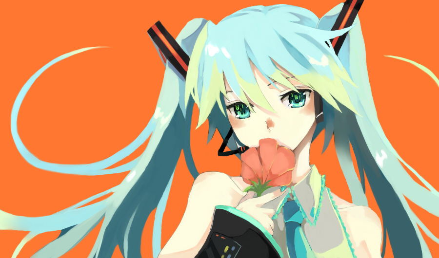 nako, nako (nonrain), hatsune miku, vocaloid, bad id, bad pixiv id, 1girl, aqua hair, bare shoulders, collarbone, female focus, flower, headset, holding, holding flower, orange background, simple background, smelling, smelling flower, solo, twintails