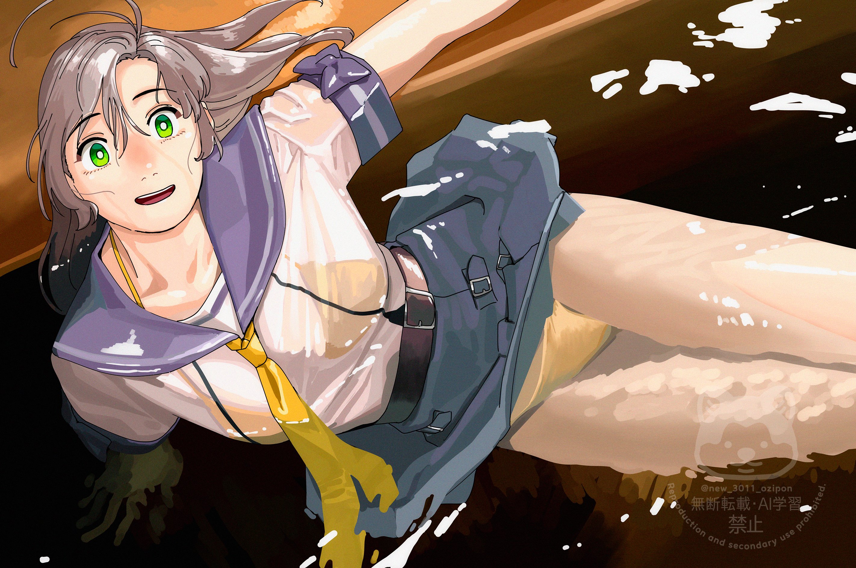 ojipon, kinugasa (kancolle), kinugasa kai ni (kancolle), kantai collection, highres, 1girl, antenna hair, bikini, bikini under clothes, bikini visible through clothes, feet out of frame, gold bikini, green eyes, grey hair, hair between eyes, neckerchief, partially submerged, purple sailor collar, purple skirt, sailor collar, sailor shirt, shirt, skirt, solo, swimsuit, water, watermark, wet, white shirt, yellow neckerchief