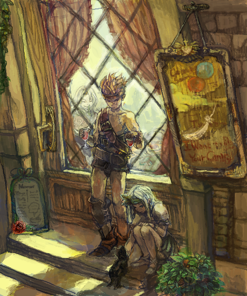 sumi (nd60), blank (ff9), cinna (ff9), marcus (ff9), ruby (ff9), zidane tribal, final fantasy, final fantasy ix, white footwear, 00s, 1girl, 2boys, ^ ^, alcohol, bare shoulders, black cat, blonde hair, blue hair, buckle, cat, closed eyes, closed mouth, collarbone, cup, curtains, drink, drinking glass, flower, full body, green skirt, headpat, holding, holding cup, holding drinking glass, indoors, knees to chest, knees up, long hair, miniskirt, multiple boys, no socks, plant, pleated skirt, potted plant, puffy short sleeves, puffy sleeves, red flower, red rose, rose, scar, scar on face, shoes, short sleeves, sign, sitting, skirt, slice of life, smile, spiked hair, stairs, window, wine, wine glass