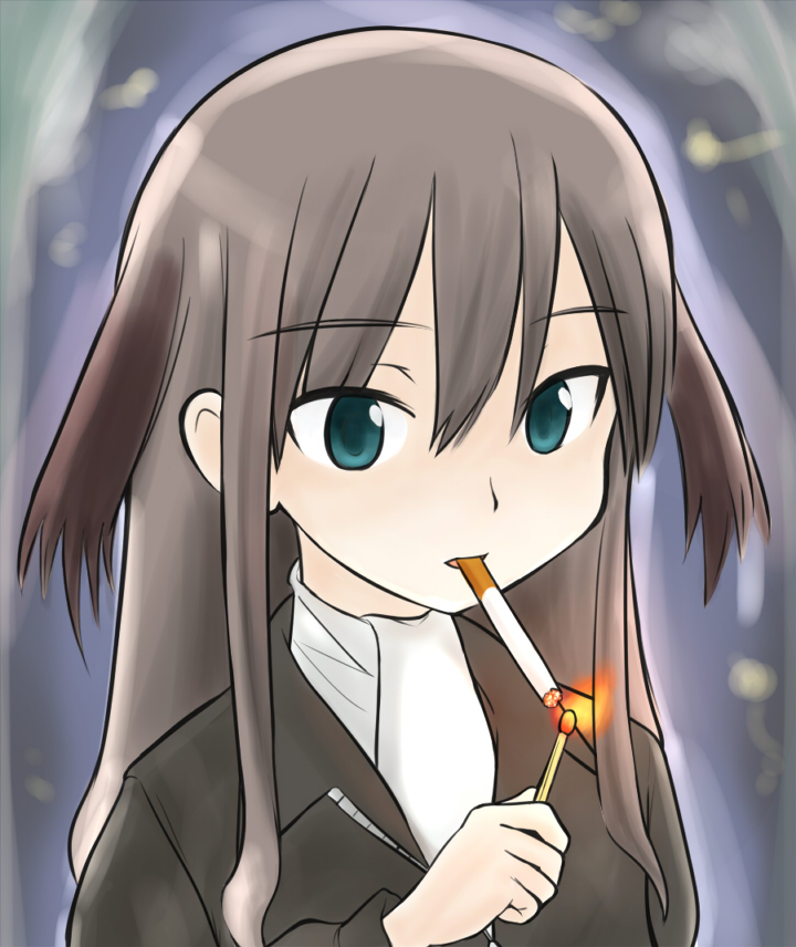 ebi (ebifry), elizabeth f. beurling, strike witches, strike witches: suomus misfits squadron, world witches series, 00s, 1girl, animal ears, blue eyes, brown hair, cigarette, female focus, matches, solo