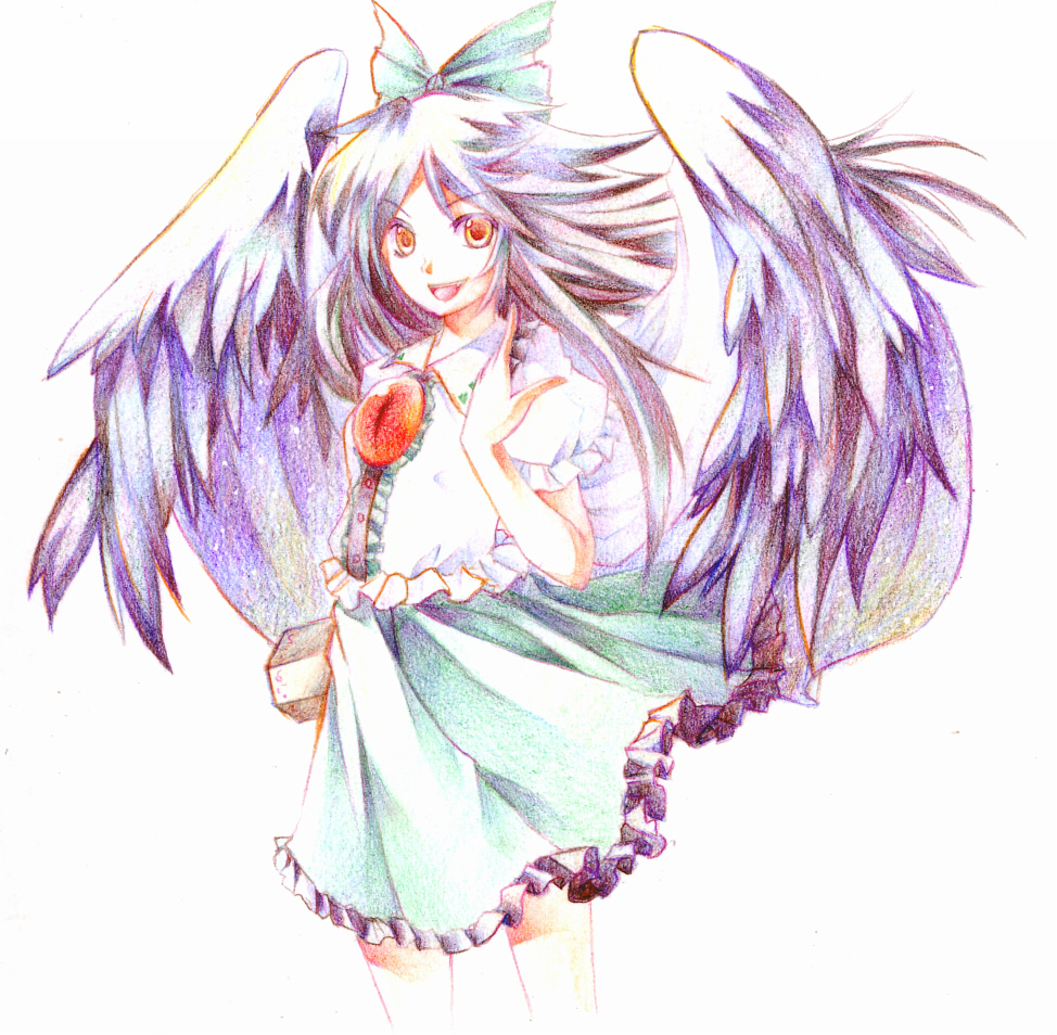 myaaco, reiuji utsuho, touhou, traditional media, 1girl, black hair, female focus, long hair, red eyes, ribbon, skirt, solo, white background, wings