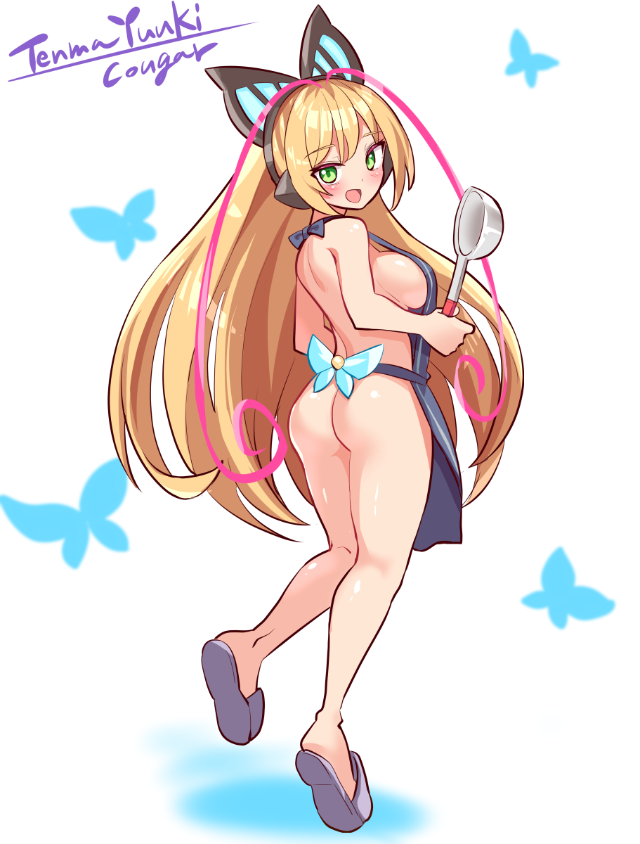 cougar (cougar1404), lumen (gunvolt), azure striker gunvolt, commission, commissioner upload, highres, non-web source, skeb commission, 1girl, antenna hair, apron, ass, blonde hair, blue apron, blush, bug, butterfly, butterfly hair ornament, commissioner name, from behind, full body, green eyes, hair ornament, headphones, high ponytail, holding, holding ladle, insect, ladle, long hair, looking at viewer, multicolored hair, naked apron, open mouth, pink hair, ponytail, simple background, slippers, smile, solo, two-tone hair, underwear, very long hair