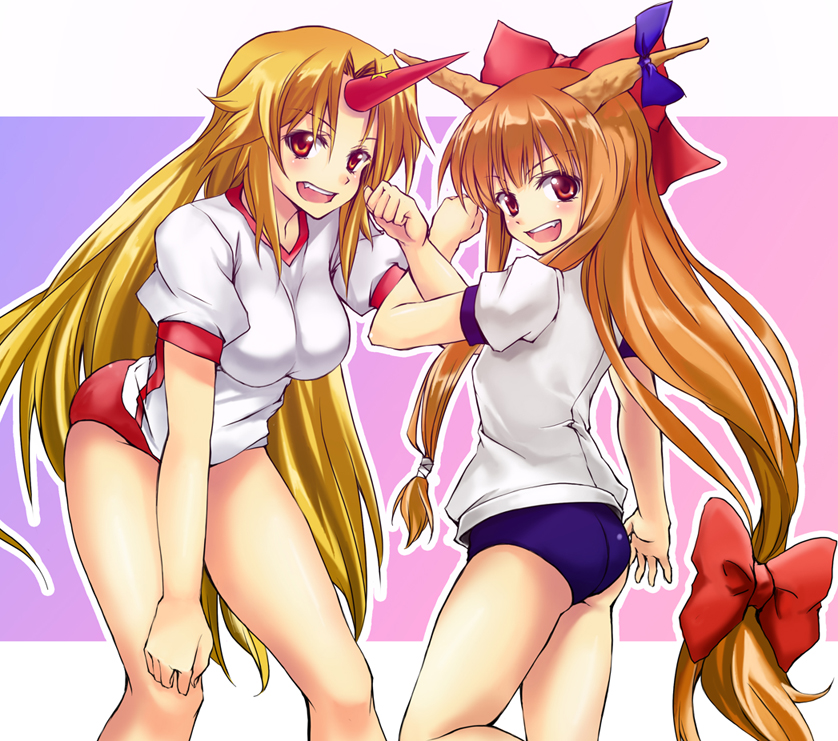 tsujigiri, hoshiguma yuugi, ibuki suika, touhou, 2girls, alternate costume, ass, blonde hair, buruma, female focus, gym uniform, horns, long hair, multiple girls, orange hair, red eyes, ribbon, single horn, very long hair