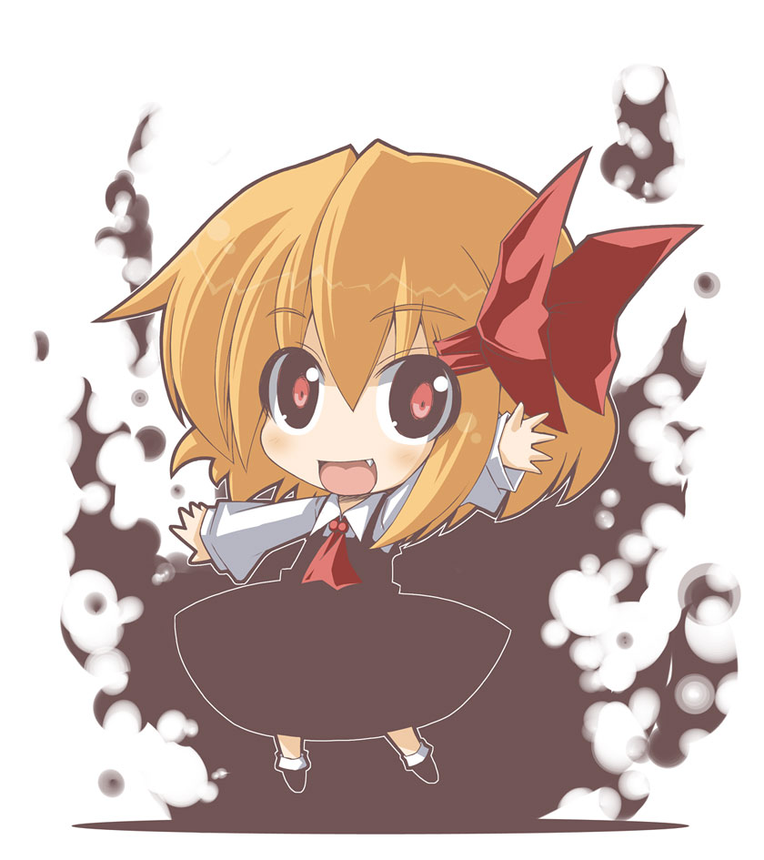 crazy developers, rumia, embodiment of scarlet devil, touhou, 1girl, black dress, blonde hair, chibi, darkness, dress, female focus, full body, hair ribbon, red eyes, ribbon, short hair, solo, white background
