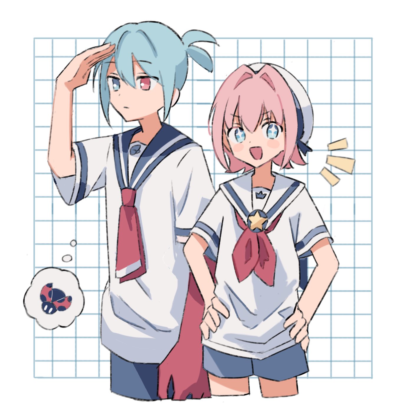 minagi 379, sig (puyopuyo), puyopuyo, puyopuyo 20th anniversary, puyopuyo fever, puyopuyo fever 2, commentary, highres, symbol-only commentary, + +, 2boys, ahoge, asymmetrical arms, blue hair, blue sailor collar, bug, crown (symbol), hand on own hip, hat, heterochromia, insect, ladybug, multiple boys, oversized limbs, pink hair, sailor collar, sailor hat, sailor shirt, searching, shirt, short hair, shorts, sidelocks, simple background, white sailor collar