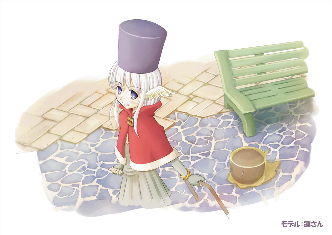 creator (ragnarok online), vanilmirth (ragnarok online), ragnarok online, commentary request, 1girl, bench, cape, cobblestone, cowboy shot, cropped legs, dress, feathered wings, fingerless gloves, gloves, grey dress, grey gloves, grey hair, grin, hat, head wings, long hair, looking at viewer, mimikuma, purple eyes, purple hat, red cape, shako cap, smile, solo, white wings, wings