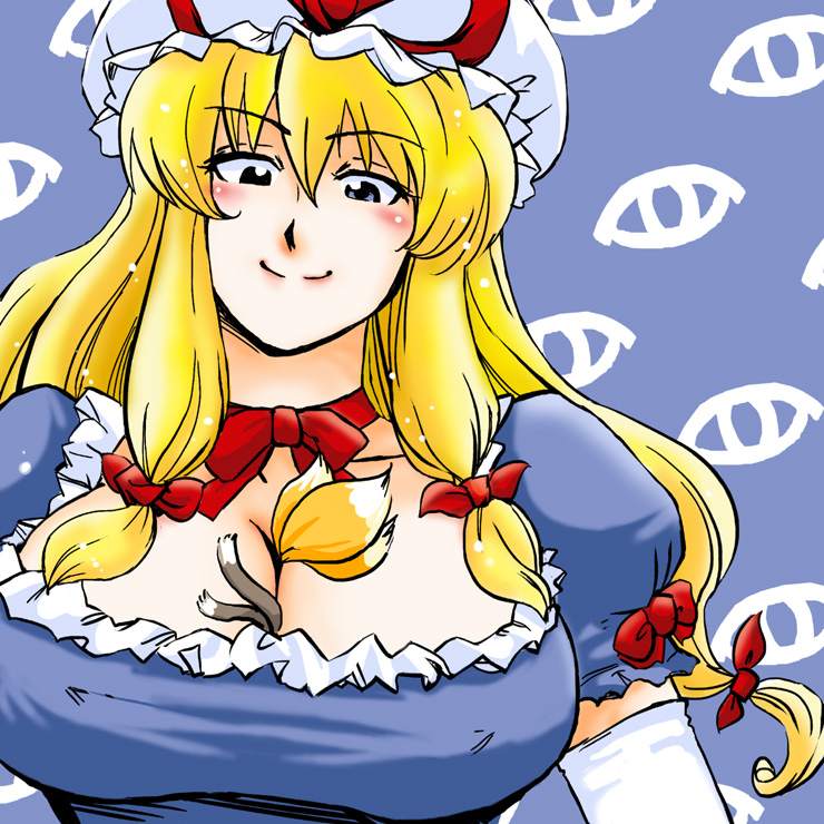 azuki osamitsu, chen, yakumo ran, yakumo yukari, touhou, 1girl, between breasts, blonde hair, blue eyes, breasts, cat tail, cleavage, female focus, fox tail, hair ribbon, hat, large breasts, long hair, ribbon, tail
