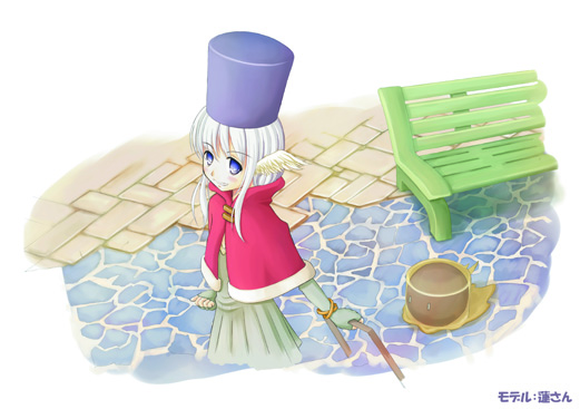 creator (ragnarok online), vanilmirth (ragnarok online), ragnarok online, commentary request, 1girl, bench, blue eyes, blue hat, cape, cobblestone, cowboy shot, cropped legs, dress, feathered wings, fingerless gloves, gloves, grey dress, grey gloves, grey hair, grin, hat, head wings, long hair, looking at viewer, mimikuma, red cape, shako cap, smile, solo, white wings, wings
