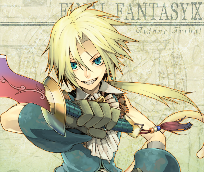 chimachi, zidane tribal, final fantasy, final fantasy ix, 00s, 1boy, ascot, blonde hair, blue eyes, character name, copyright name, dagger, earrings, gloves, grin, jewelry, knife, long hair, male focus, ponytail, single earring, smile, solo, tail, weapon, yellow background