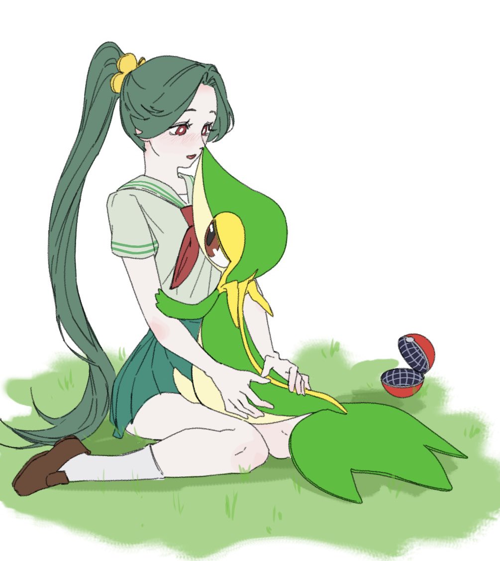 pp 7762, snivy, nintendo, pokemon, 1girl, bright pupils, brown shoes, full body, gen 5 pokemon, green hair, green sailor collar, green shirt, green skirt, looking at another, neckerchief, on grass, open mouth, poke ball, pokemon (creature), ponytail, red eyes, red neckerchief, sailor collar, school uniform, shirt, shoes, simple background, sitting, skirt, snake, socks, wariza, white background, white pupils, white socks