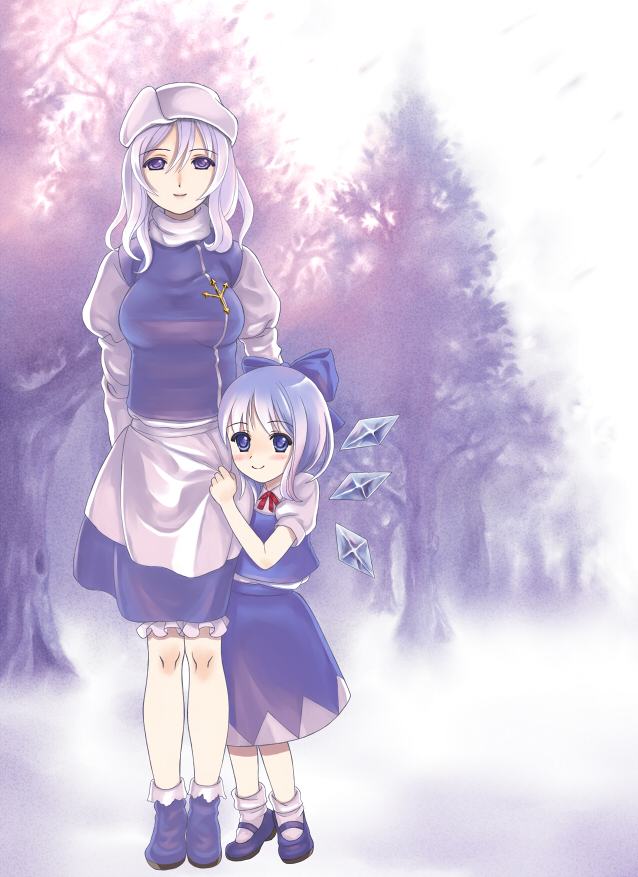 gorota, cirno, letty whiterock, touhou, light purple hair, bad id, bad pixiv id, 2girls, alternate hairstyle, badge, blush, bow, female focus, hair bow, long hair, looking at viewer, mary janes, multiple girls, purple eyes, purple theme, shoes, short hair, smile, standing, wings