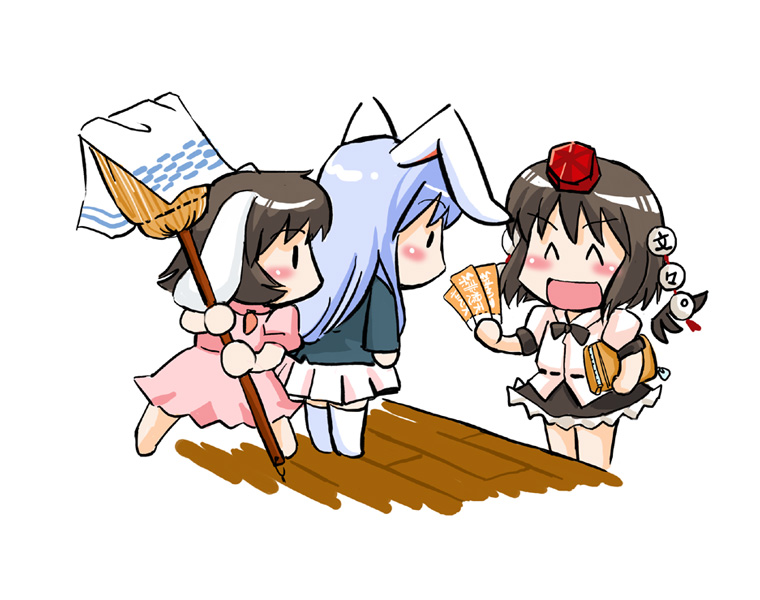 azuki osamitsu, inaba tewi, reisen udongein inaba, shameimaru aya, touhou, 3girls, ^ ^, animal ears, broom, brown hair, chibi, closed eyes, female focus, hat, long hair, multiple girls, rabbit ears, short hair, simple background, standing, towel, white background