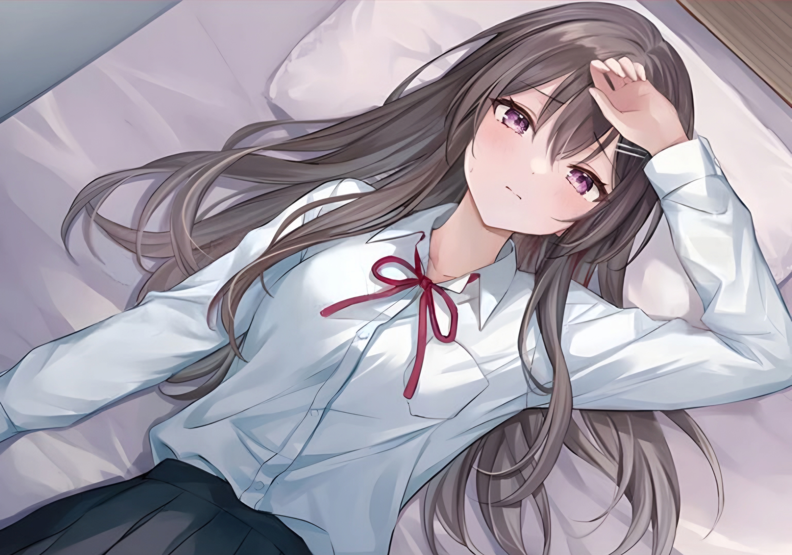 amada miyuki, jinsei gyakuten: uwaki sare enzai wo kiserareta ore ga gakuen ichi no bishoujo ni natsukareru, highres, official art, 1girl, arm up, bed, black skirt, blush, brown hair, closed mouth, long hair, long sleeves, looking at viewer, lying, pink hair, red ribbon, ribbon, school uniform, shirt, skirt, solo, very long hair, white blanket, white shirt