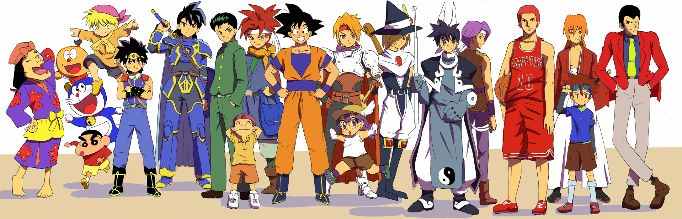 arus, dai, hyakuen raitaa, arsene lupin iii, arus (dragon quest), cress albane, crono (chrono trigger), dai (dragon quest), doraemon (character), fuusuke, gipple, hamel, hawkeye (seiken densetsu 3), himura kenshin, korosuke, nike (mahoujin guruguru), nohara shinnosuke, norimaki arale, sakuragi hanamichi, son goku, taikoubou, urameshi yusuke, urameshi yuusuke, yagami taichi, yamada denzou, chrono (series), chrono trigger, crayon shin-chan, digimon, doraemon, dr. slump, dragon ball, dragon quest, dragon quest dai no daibouken, dragon quest emblem of roto, dragonball z, houshin engi, kiteretsu daihyakka, lupin iii, mahoujin guruguru, ninku, rakudai ninja rantarou, rurouni kenshin, seiken densetsu, seiken densetsu 3, shounen jump, slam dunk (series), tales of (series), tales of phantasia, tms entertainment, toei company, violinist of hameln, yuu yuu hakusho, annotated, bad id, bad pixiv id, highres, long image, wide image, 1990s (style), 1girl, 6+boys, ^ ^, armor, bag, basketball, basketball uniform, belt, black eyes, black hair, blonde hair, blue eyes, boots, brown eyes, brown hair, cape, closed eyes, clothes writing, crossdressing, crossed arms, crossover, dagger, digimon (creature), everyone, formal clothes, from behind, glasses, gloves, goggles, green eyes, green hair, gym uniform, hairband, hands in pockets, hat, headband, helmet, jacket, japanese clothes, jewelry, jumpinf, katana, kimono, knife, lipstick, long hair, makeup, male focus, multiple boys, multiple crossover, muscular, necktie, one eye closed, orange eyes, orange hair, purple eyes, purple hair, red eyes, red hair, red jacket, retro artstyle, samurai, scar, scarf, school uniform, shadow, shirt, shoes, short hair, shoulder pads, sideburns, smile, socks, spiked hair, sportswear, sword, weapon, wink, witch hat, yellow eyes, yellow necktie, yin yang