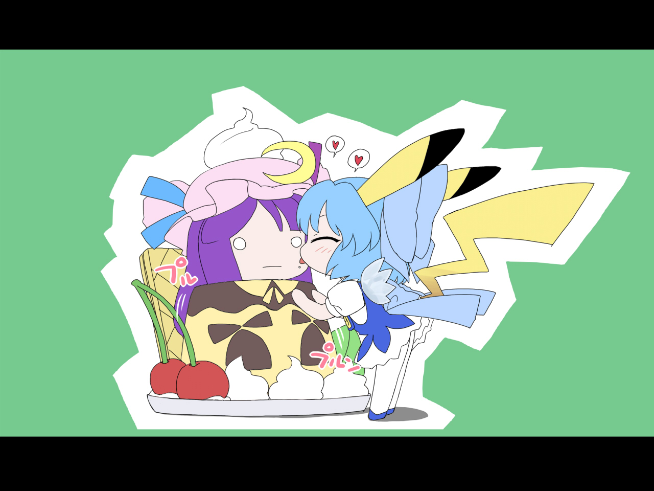 kiriu, cirno, patchouli knowledge, pikachu, nintendo, pokemon, touhou, 2girls, cherry, chibi, cosplay, costume, dress, female focus, flat color, food, fruit, gen 1 pokemon, hat, letterboxed, licking, multiple girls, parody, pikachu (cosplay), plant, pudding, ribbon, tail