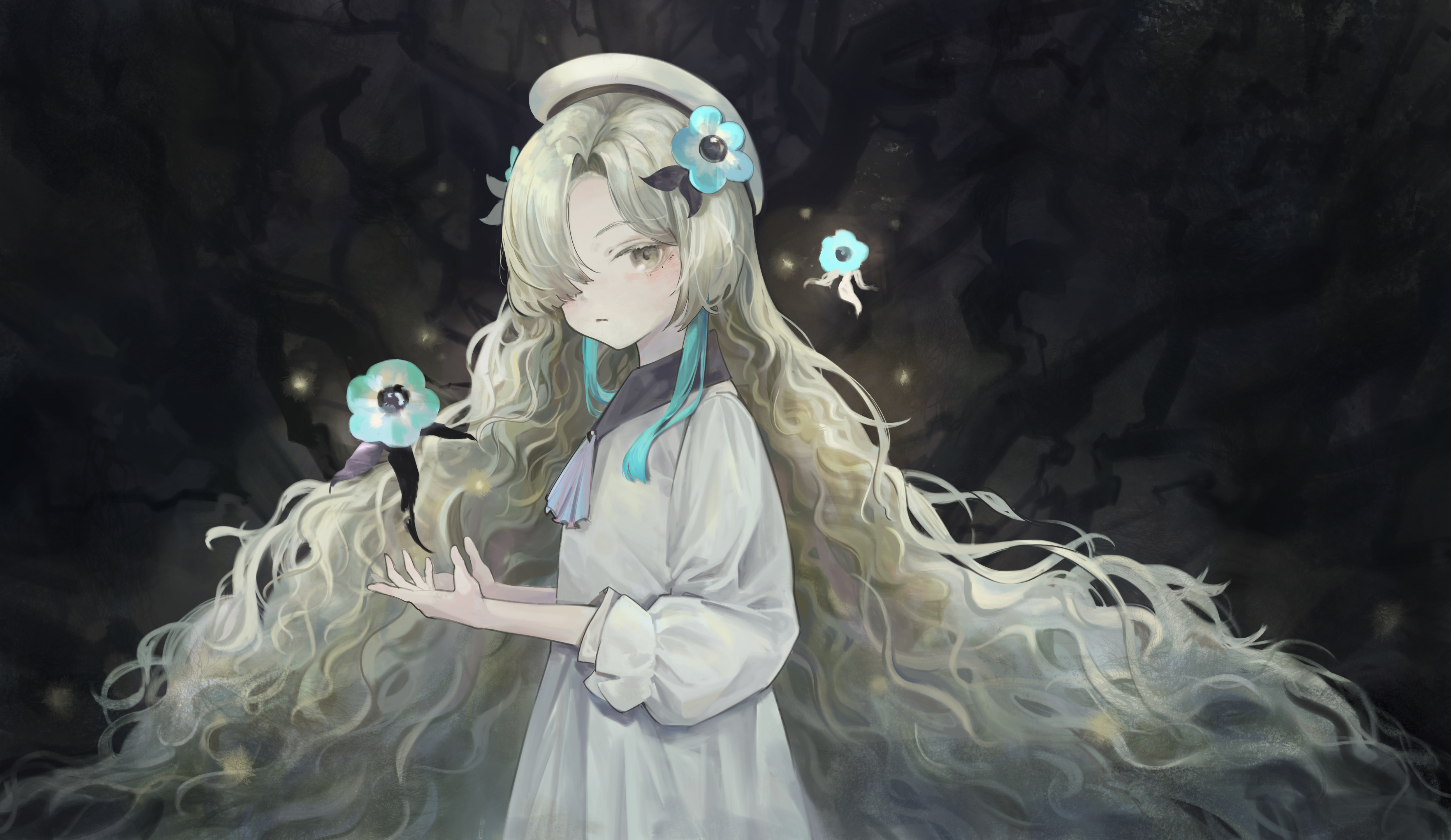 meiyan (boyimachao), isekaijoucho, kamitsubaki studio, absurdres, commentary request, highres, 1girl, beret, blonde hair, curly hair, dress, hair ornament, hair over one eye, hat, long hair, looking at viewer, solo, very long hair, virtual youtuber, white dress, yellow eyes