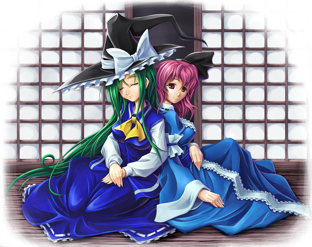koto tsubane, mima (touhou), saigyouji yuyuko, touhou, touhou (pc-98), 2girls, female focus, green hair, hairband, hat, long hair, multiple girls, pink hair, red eyes, ribbon, sleeping, witch hat