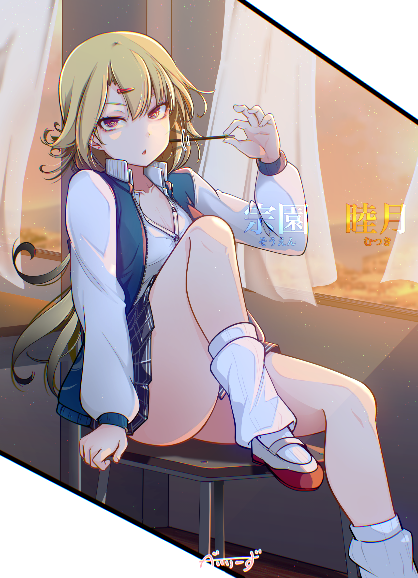 baileys (tranquillity650), original, commentary request, highres, 1girl, ass, blonde hair, chair, character name, food, hair ornament, hairclip, holding, holding food, holding pocky, jacket, long hair, looking at viewer, loose socks, pocky, red eyes, school uniform, shoes, sitting, socks, solo, uwabaki, white socks