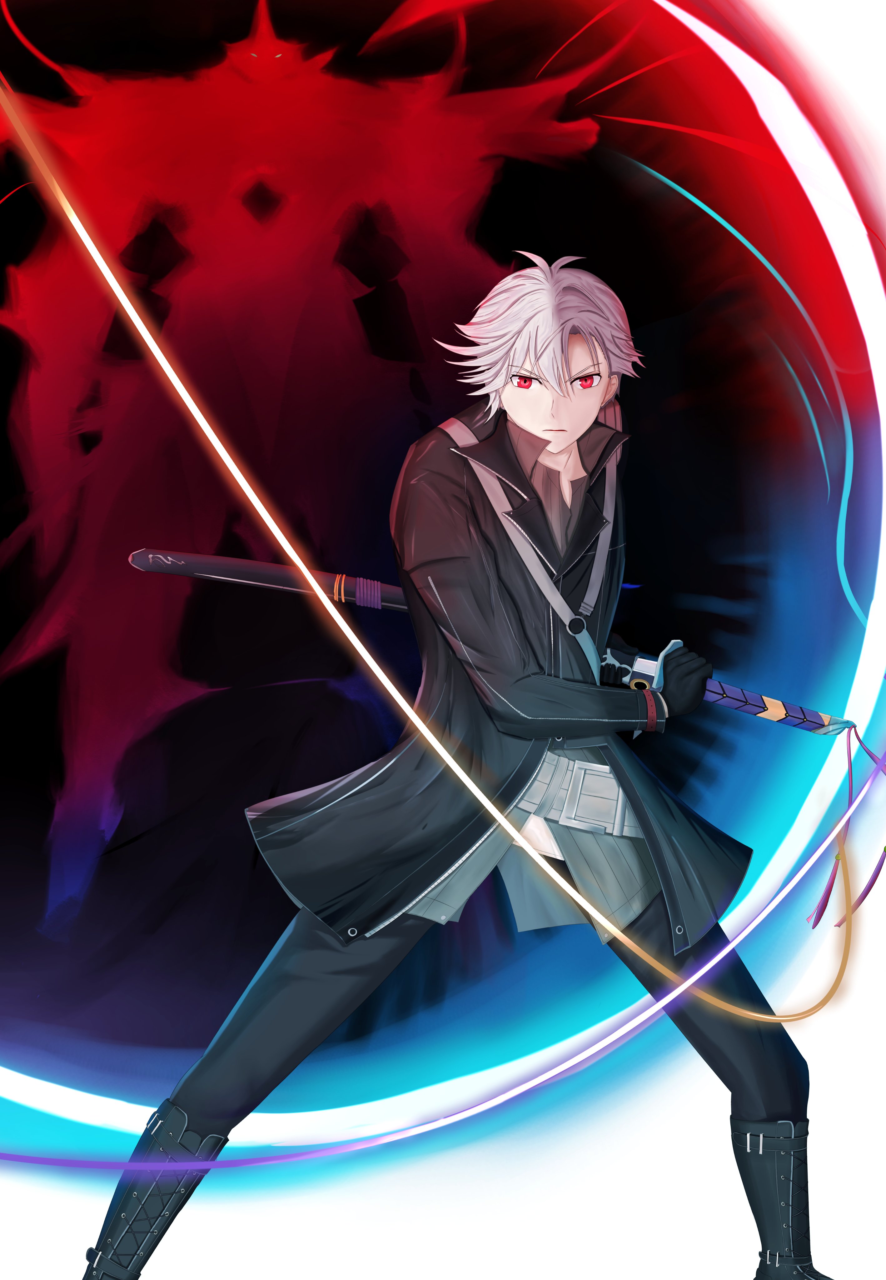 rean schwarzer, valimar, eiyuu densetsu, sen no kiseki, sen no kiseki (series), sen no kiseki iv, absurdres, commentary, commission, english commentary, highres, 1boy, 1other, boots, coat, hair between eyes, holding, holding sheath, holding sword, holding weapon, katana, looking at viewer, mecha, parted bangs, pommel tassel, red eyes, robot, sheath, short hair, sword, unsheathing, vnartch, weapon, white hair, wing collar