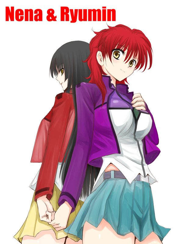 niwatori kokezou, nena trinity, wang liu mei, gundam, gundam 00, 00s, back-to-back, black hair, blush, breasts, brown eyes, freckles, holding hands, large breasts, long hair, red hair, skirt, smile, yellow eyes