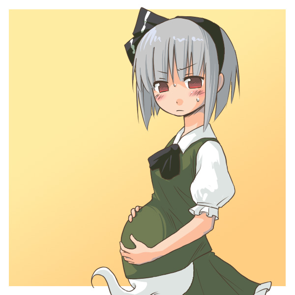 abekawa, konpaku youmu, konpaku youmu (ghost), touhou, silver hair, 1girl, blush, female focus, hairband, hitodama, pregnant, red eyes, ribbon, short hair, simple background, solo, sweatdrop