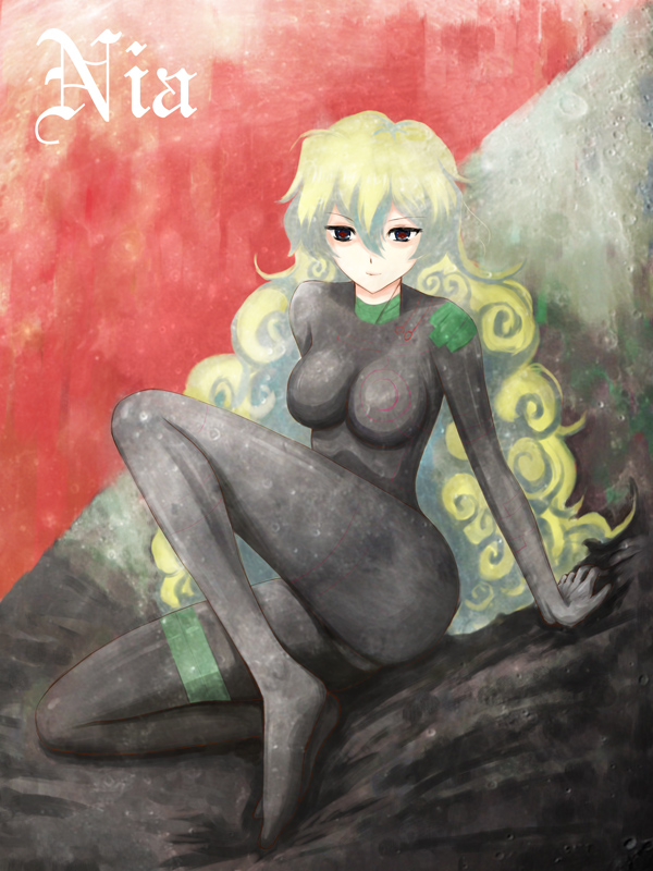 niwatori kokezou, antispiral nia, nia teppelin, tengen toppa gurren lagann, + +, 00s, 1girl, blonde hair, blue eyes, blue hair, bodysuit, breasts, character name, curly hair, dark persona, expressionless, large breasts, long hair, multicolored hair, skin tight, symbol-shaped pupils, two-tone hair, very long hair