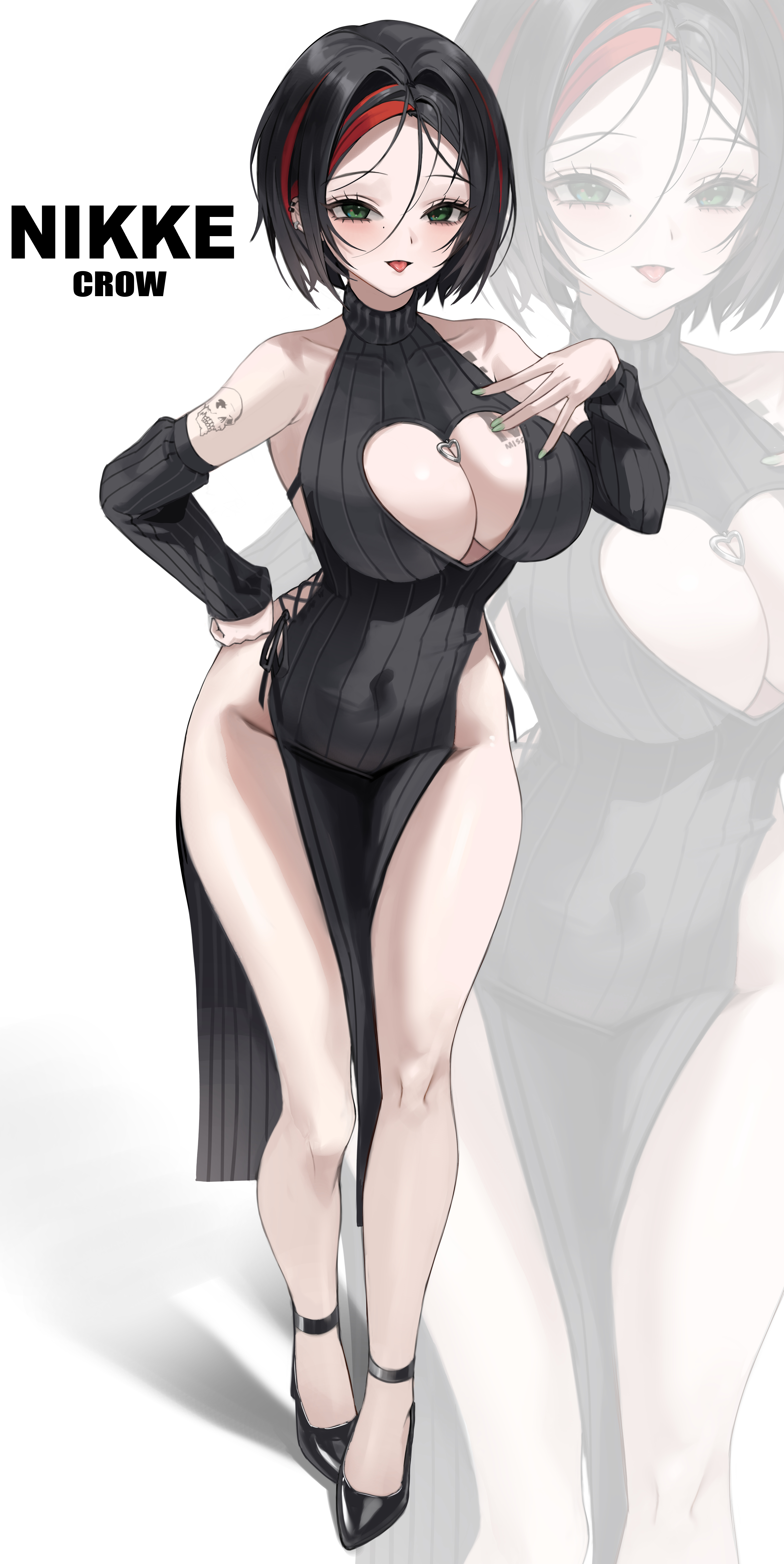 haku (liiixixixiii), crow (nikke), goddess of victory: nikke, absurdres, highres, 1girl, :p, bare shoulders, black dress, black hair, black shoes, blush, breasts, character name, cleavage, copyright name, covered navel, dress, full body, green eyes, hand on own hip, high heels, large breasts, looking at viewer, red hair, shoes, short hair, smile, tattoo, tongue, tongue out, zoom layer