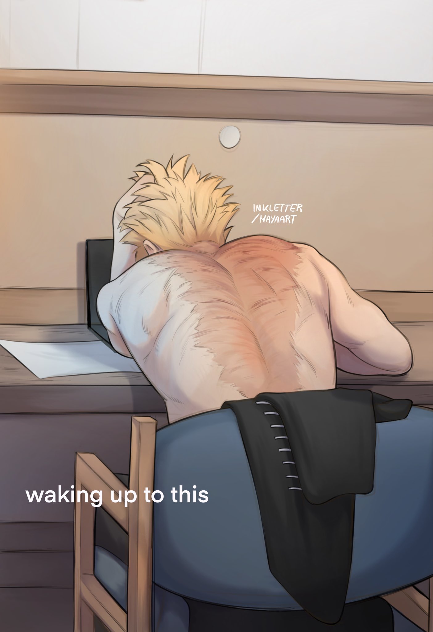 hawks (boku no hero academia), boku no hero academia, commentary, english commentary, highres, photo-referenced, 1boy, artist name, back, blonde hair, computer, english text, inkletterart, laptop, male focus, meme, paper, scar, scar on back, short hair, sitting, solo, toned, toned male, topless male, waking up to this (meme)