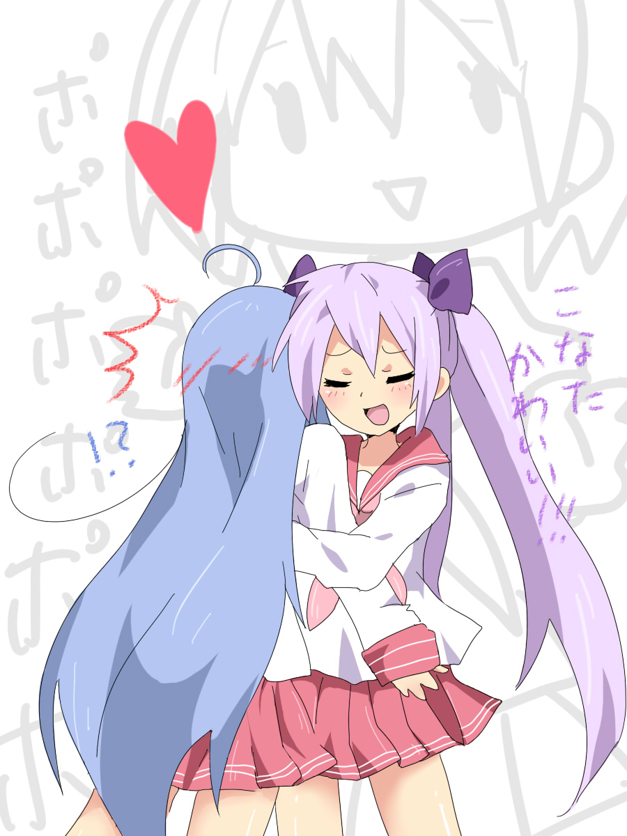uiko, hiiragi kagami, hiiragi tsukasa, izumi konata, lucky star, bad id, bad pixiv id, highres, 00s, 2girls, ahoge, hug, multiple girls, yuri