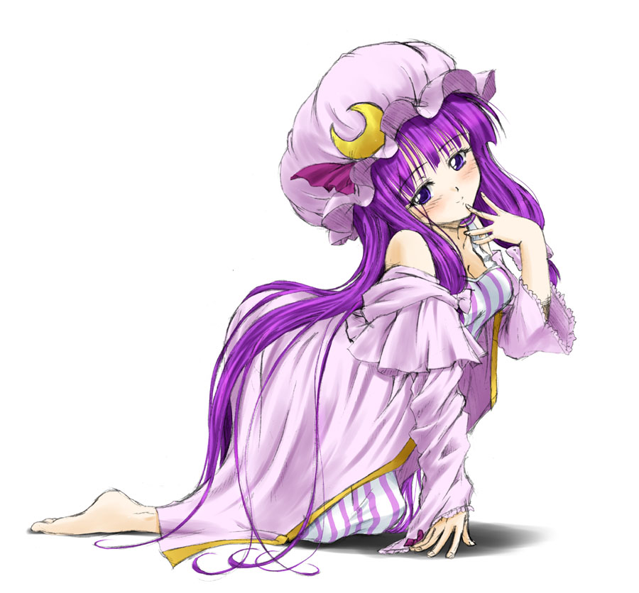 patchouli knowledge, touhou, artist request, bad id, bad pixiv id, painttool sai (medium), 1girl, barefoot, braid, crescent, crescent hat ornament, female focus, hat, hat ornament, long hair, off shoulder, purple eyes, purple hair, seductive smile, smile, solo