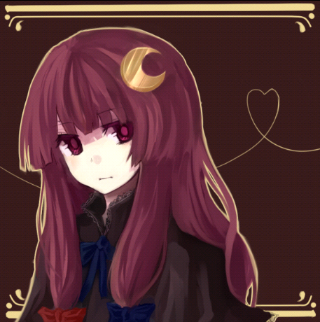 kame, patchouli knowledge, touhou, lowres, 1girl, braid, crescent, crescent hair ornament, female focus, hair ornament, hat, heart, heart of string, purple eyes, purple hair, solo