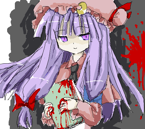 patchouli knowledge, touhou, artist request, lowres, 1girl, blood, book, braid, crescent, crescent hat ornament, female focus, hat, hat ornament, long hair, purple eyes, purple hair, solo