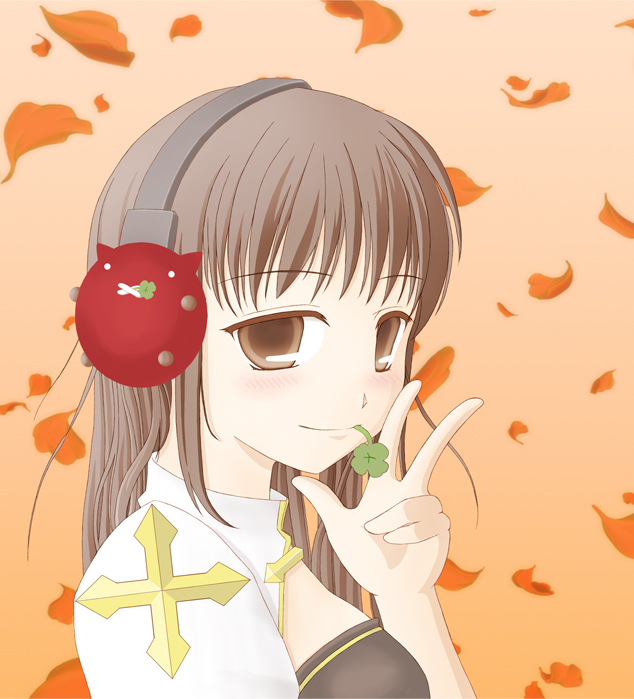 arch bishop (ragnarok online), deviruchi, ragnarok online, commentary request, 1girl, 2000s (style), autumn leaves, blush, brown eyes, brown hair, closed mouth, clover, cross, dress, falling leaves, four-leaf clover, headphones, leaf, long hair, looking at viewer, mimikuma, mouth hold, orange background, smile, solo, stalk in mouth, w, white dress