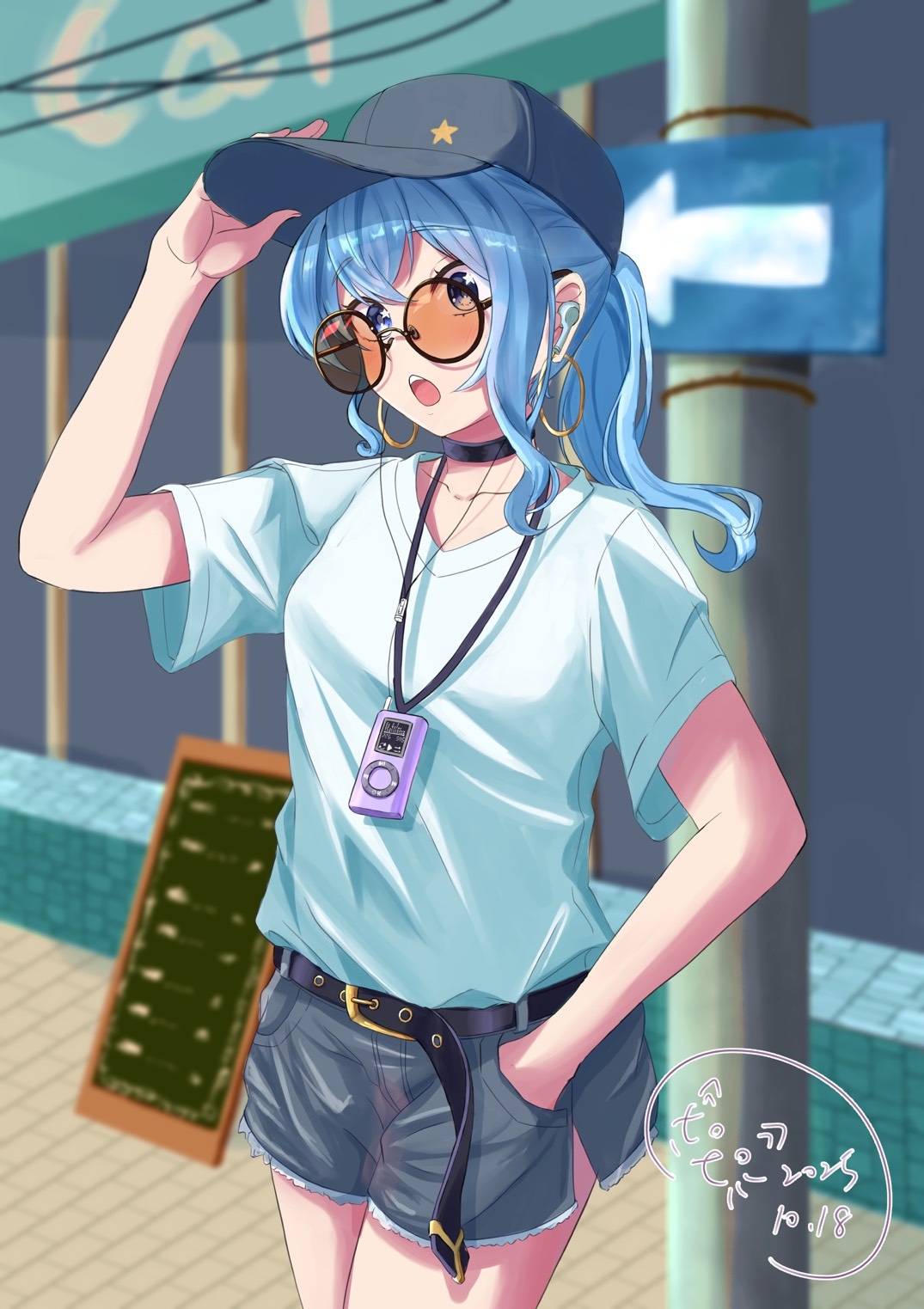 hoshimachi suisei, hololive, highres, 1girl, :o, airpods, baseball cap, belt, black belt, black choker, blue eyes, blue hair, blue hat, blue shorts, choker, collarbone, day, denim, denim shorts, digital media player, earrings, gold earrings, hand in pocket, hat, high ponytail, hoop earrings, jewelry, menu board, open mouth, outdoors, pole, ponytail, round eyewear, shirt, shirt tucked in, short shorts, shorts, solo, standing, star (symbol), star in eye, sunglasses, symbol in eye, tinted eyewear, toto 12 19, virtual youtuber, white shirt, wireless earphones