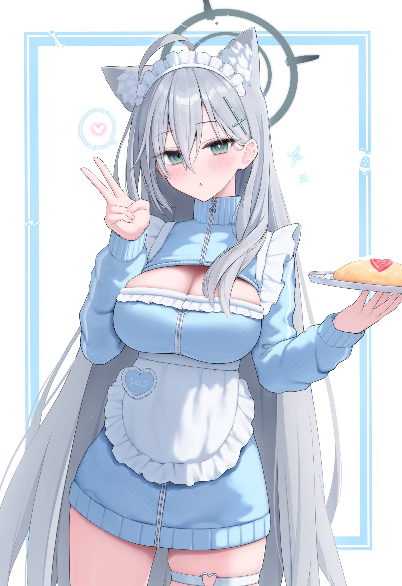 honyuuruinomoto, shiroko terror (blue archive), blue archive, highres, 1girl, :o, ahoge, animal ear fluff, animal ears, apron, blue eyes, blue halo, blue jacket, blush, breasts, broken halo, cleavage, cleavage cutout, clothing cutout, food, grey hair, grey halo, hair between eyes, halo, heart, heart o-ring, heterochromia, holding, holding plate, jacket, jersey maid, large breasts, long hair, maid, maid apron, maid headdress, multicolored halo, o-ring, o-ring thigh strap, omelet, omurice, plate, solo, thigh strap, thighs, two-tone halo, unconventional maid, v, very long hair, wolf ears