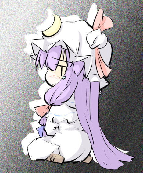 patchouli knowledge, touhou, artist request, bad id, bad pixiv id, 1girl, braid, chibi, crescent, crescent hat ornament, female focus, full body, hat, hat ornament, long hair, purple eyes, purple hair, solo
