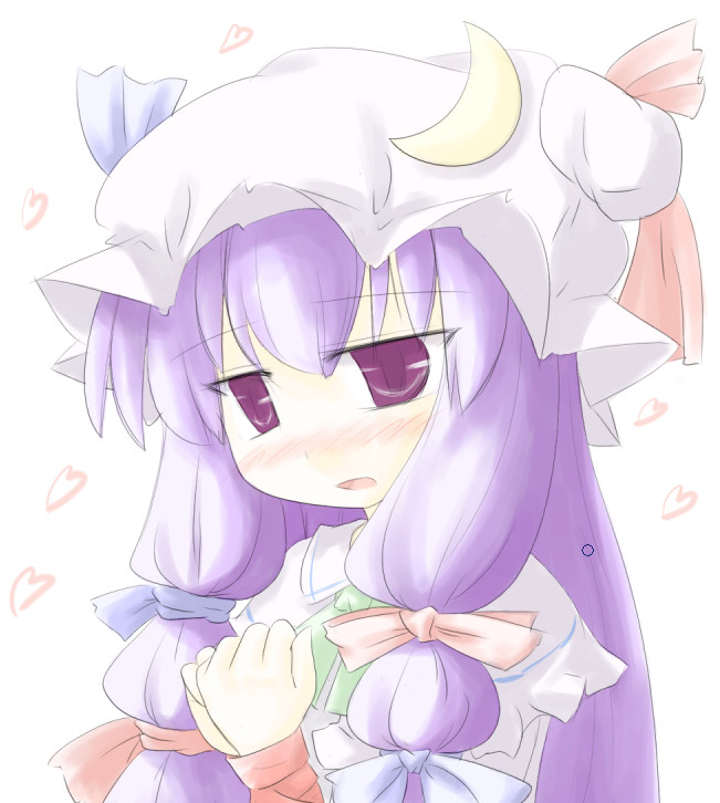 natsuki (silent selena), patchouli knowledge, touhou, bad id, bad pixiv id, 1girl, crescent hat ornament, female focus, hat, hat ornament, long hair, purple eyes, purple hair, solo, upper body, white background