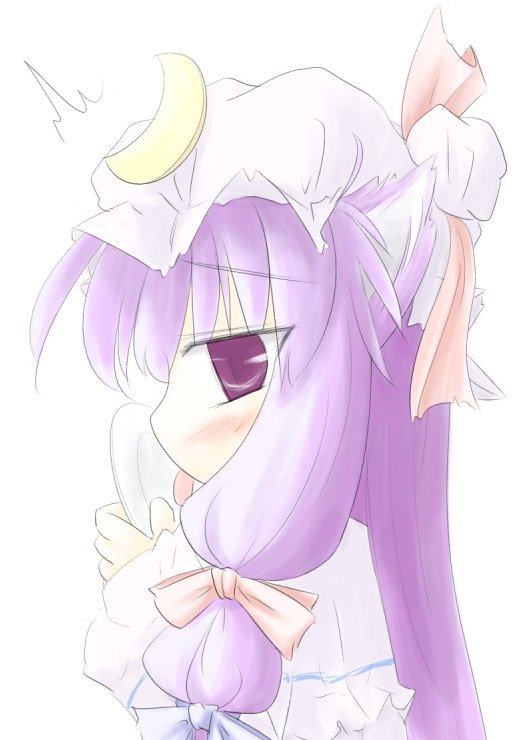 natsuki (silent selena), patchouli knowledge, touhou, 1girl, animal ears, cat ears, cat girl, crescent, crescent hat ornament, female focus, hat, hat ornament, licking, long hair, plate, purple eyes, purple hair, simple background, solo, upper body, white background