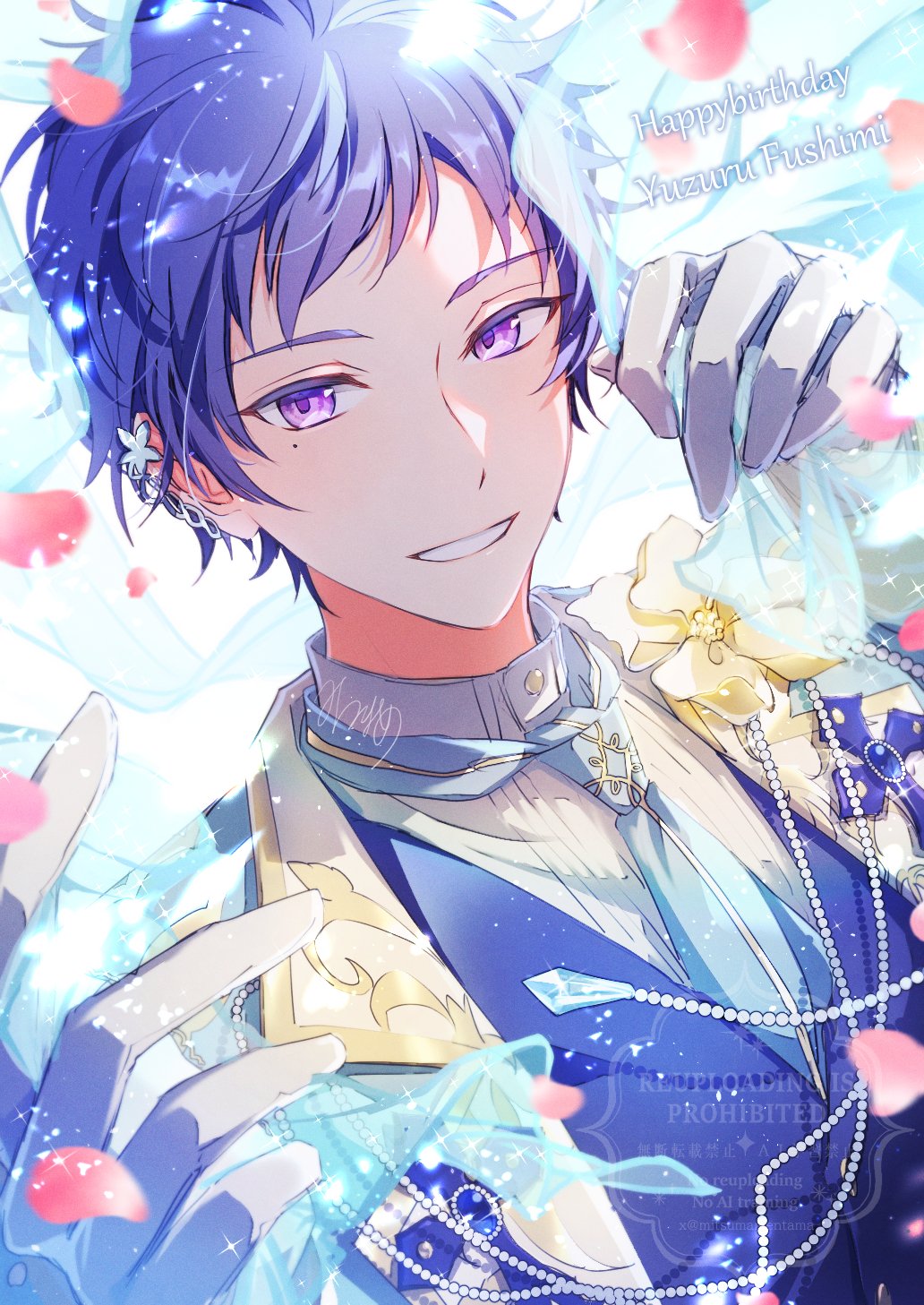 fushimi yuzuru, ensemble stars!, commentary, highres, 1boy, artist name, beads, blue hair, blue necktie, clenched teeth, colored eyelashes, dated, flower, gloves, hands up, happy birthday, lapels, looking at viewer, male focus, mitsumame (mitsumamentama), mole, mole under eye, necktie, notched lapels, pink petals, purple eyes, short bangs, short hair, smile, solo, teeth, upper body, watermark, white gloves, yellow flower