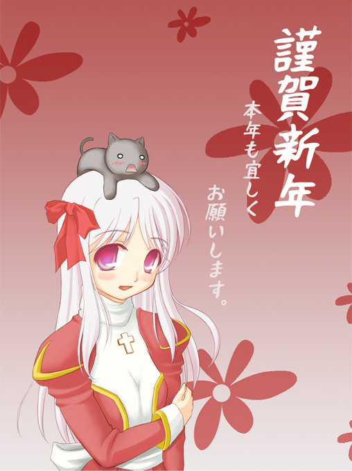 high priest (ragnarok online), ragnarok online, commentary request, translation request, 1girl, animal, animal on head, blush, bow, breasts, breasts squeezed together, cat, cat on head, cross, dress, grey cat, hair bow, long hair, long sleeves, looking at viewer, mimikuma, nengajou, new year, on head, open mouth, pink eyes, red bow, red dress, sash, smile, solo, two-tone dress, upper body, white dress, white hair, white sash