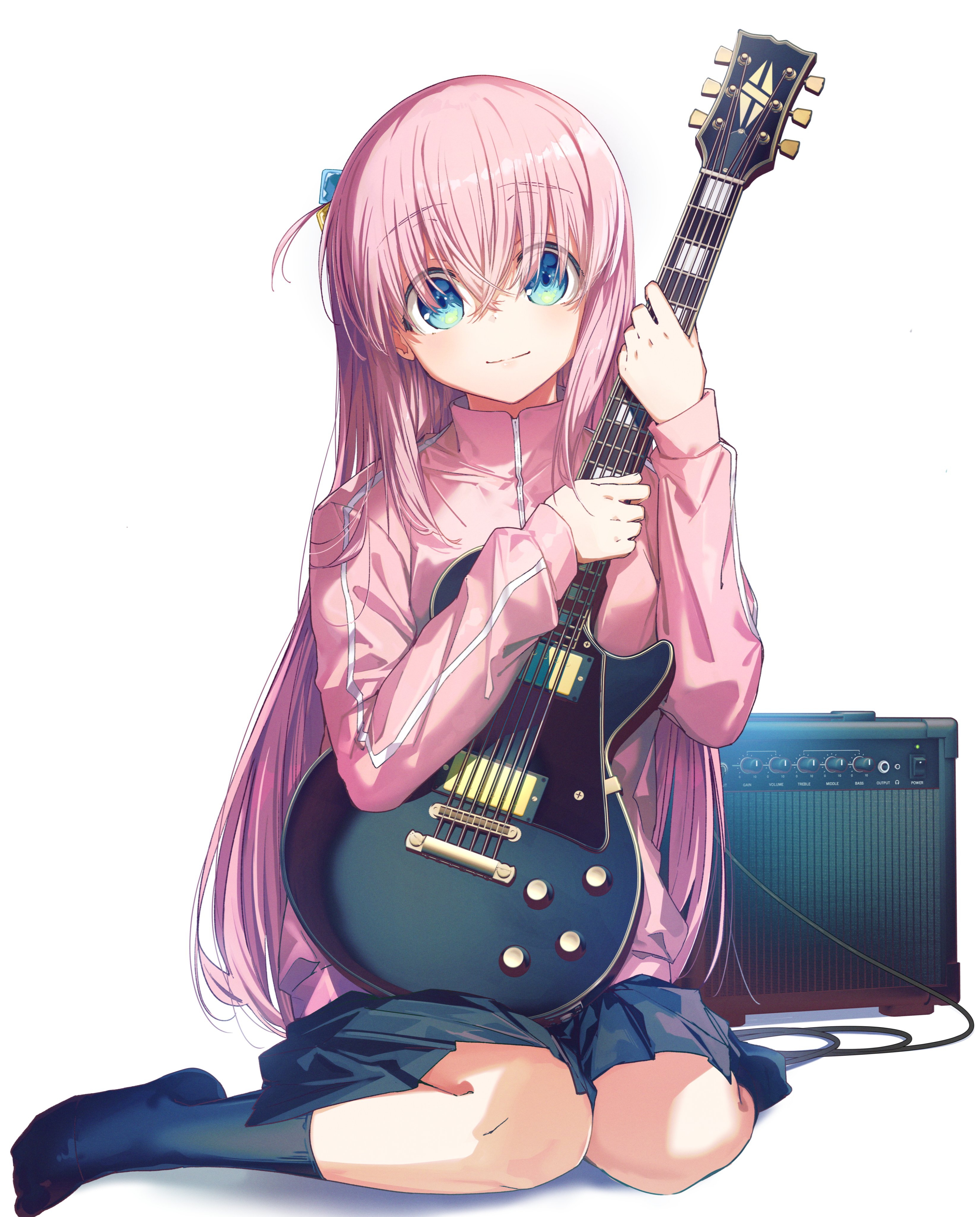 yoru kiri, gotoh hitori, bocchi the rock!, absurdres, highres, 1girl, black skirt, black socks, blue eyes, blush, boombox, closed mouth, cube hair ornament, dot nose, electric guitar, female focus, full body, guitar, hair between eyes, hair ornament, holding guitar, holding instrument, instrument, jacket, kneeling, long hair, long sleeves, looking at viewer, miniskirt, pink hair, pink jacket, pink track suit, pleated skirt, simple background, sitting, skirt, socks, solo, solo focus, track suit, white background