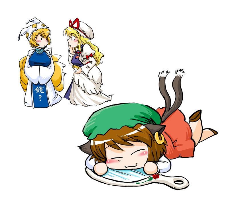azuki osamitsu, chen, yakumo ran, yakumo yukari, touhou, 3girls, animal ears, animal hat, blonde hair, brown hair, cat ears, cat girl, cat tail, chibi, earrings, female focus, fox tail, hands in opposite sleeves, hat, jewelry, juliet sleeves, long hair, long sleeves, mirror, mob cap, multiple girls, puffy sleeves, ribbon, shoes, short hair, tail, tassel, white background, wide sleeves