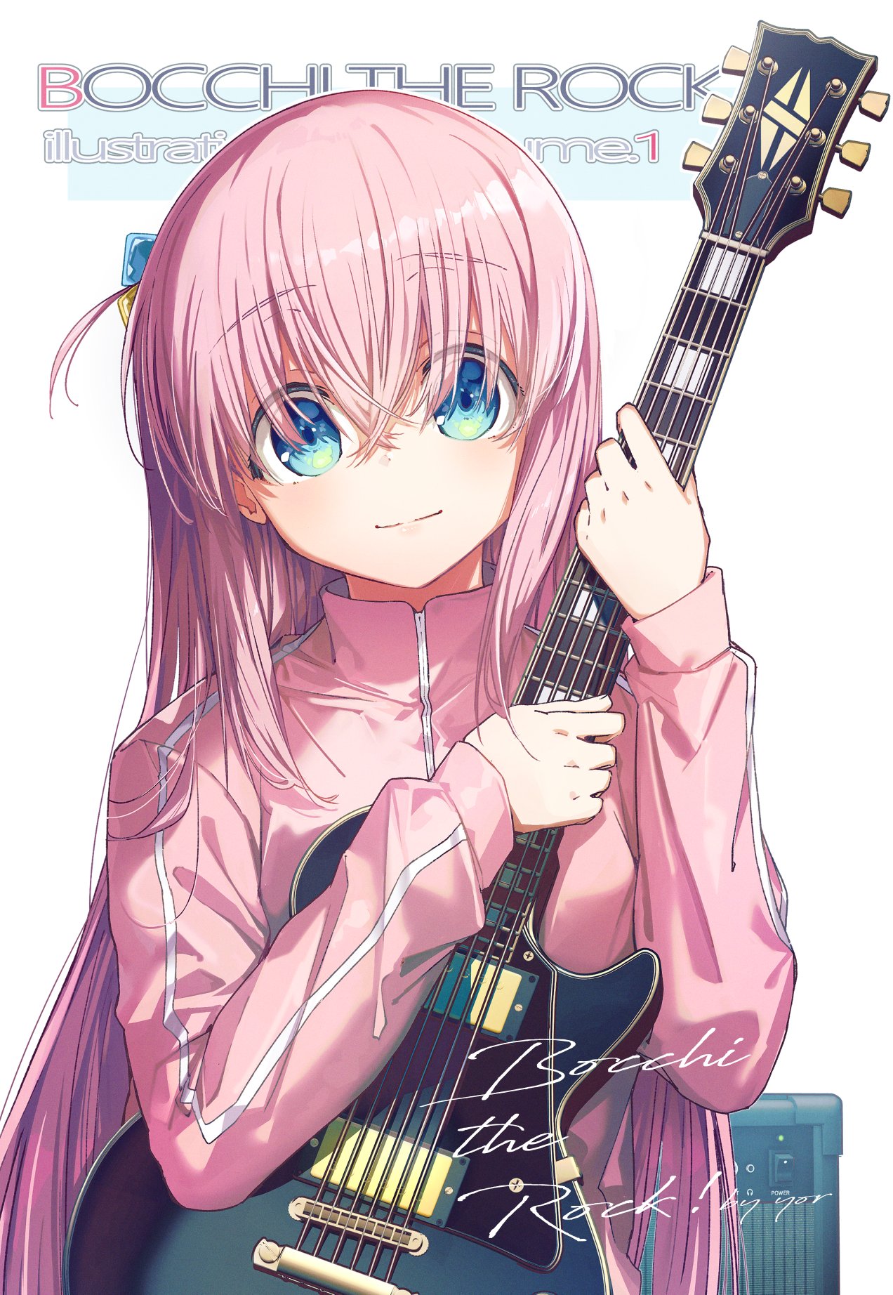yoru kiri, gotoh hitori, bocchi the rock!, highres, 1girl, blue eyes, blush, boombox, closed mouth, cube hair ornament, dot nose, electric guitar, english text, female focus, guitar, hair between eyes, hair ornament, holding, holding guitar, holding instrument, instrument, jacket, long hair, long sleeves, looking at viewer, pink hair, pink jacket, pink track suit, simple background, solo, solo focus, track suit, white background