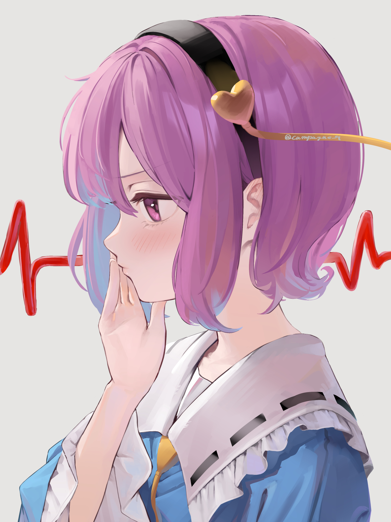 kanpa (campagne 9), komeiji satori, touhou, commentary request, highres, 1girl, black hairband, blue shirt, blush, cardiogram, frilled sailor collar, frills, hairband, heart, looking ahead, pink eyes, pink hair, profile, sailor collar, shirt, short hair, solo, twitter username, upper body, white background, white sailor collar
