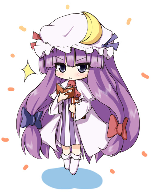 patchouli knowledge, touhou, artist request, bad id, bad pixiv id, 1girl, :<, braid, chibi, crescent, crescent hat ornament, female focus, full body, hat, hat ornament, long hair, purple eyes, purple hair, simple background, solo, very long hair
