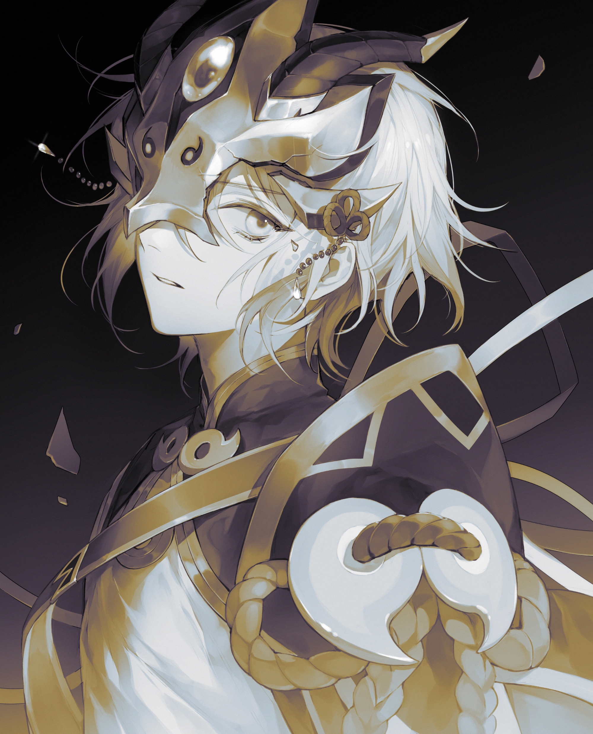 renjian shilian, prince of lan ling (fate), fate/grand order, fate (series), absurdres, chinese commentary, commentary request, highres, 1boy, black background, broken mask, eye mask, gradient background, grey background, hair between eyes, half eye mask, horned mask, looking at viewer, male focus, mandarin collar, mask, parted lips, sash, sepia, shirt, short hair, shoulder sash, simple background, solo, upper body
