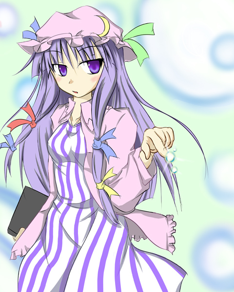 patchouli knowledge, touhou, artist request, 1girl, breasts, crescent, crescent hat ornament, female focus, hat, hat ornament, long hair, purple eyes, purple hair, solo