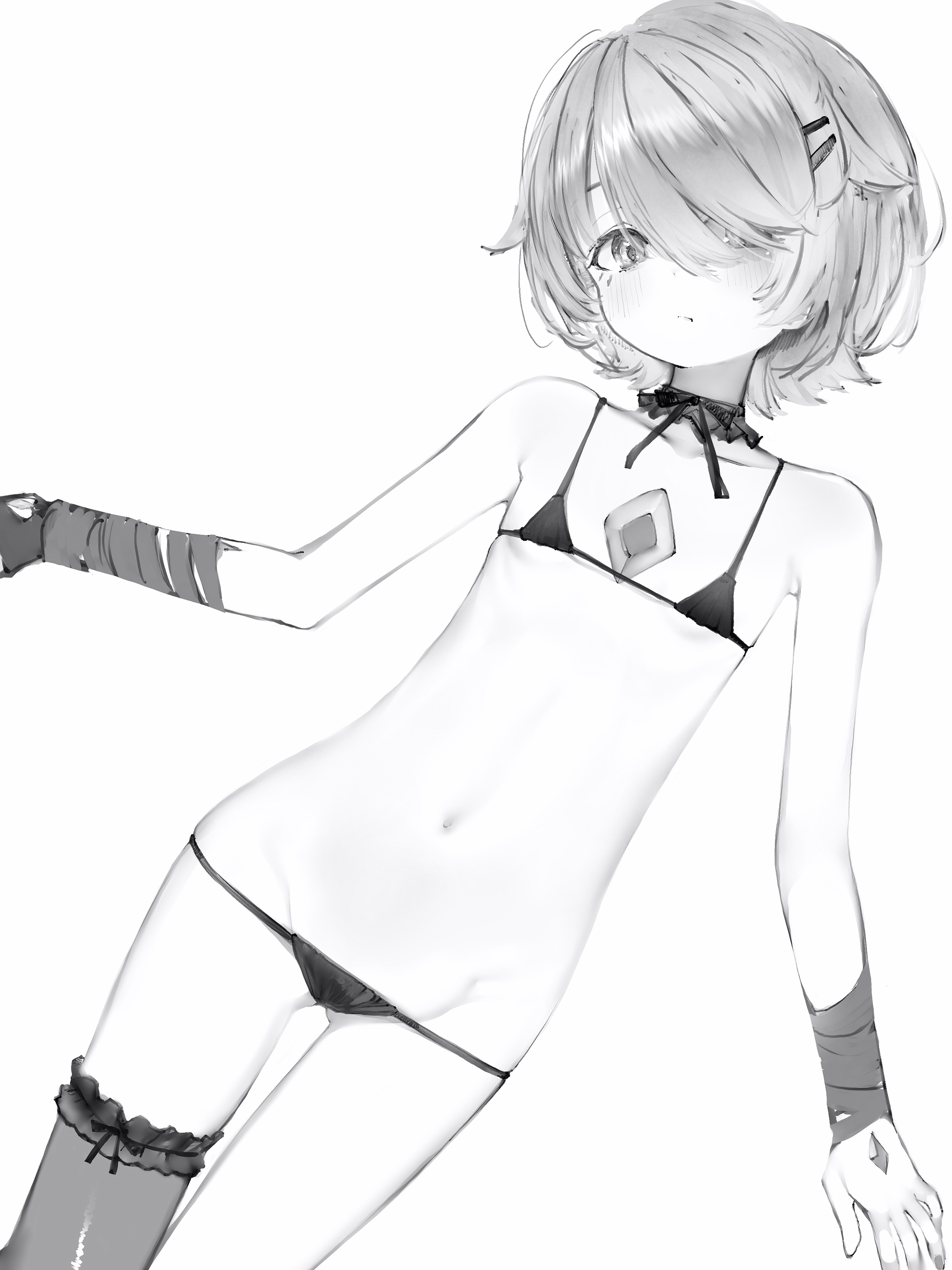 nanashi (nlo), koseki bijou, hololive, hololive english, absurdres, highres, 1girl, bikini, black bikini, hair over one eye, looking at viewer, lowleg, lowleg bikini, micro bikini, navel, pout, solo, stomach, swimsuit